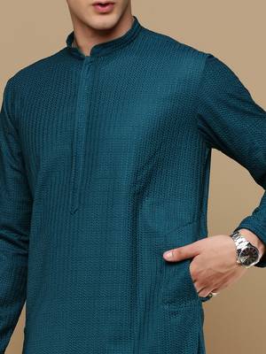 Unleash your style with men's firozi cotton chikankari designer kurta set by sanwara 3