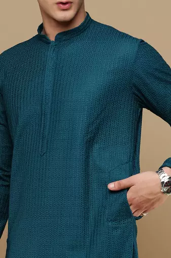 Unleash your style with men's firozi cotton chikankari designer kurta set by sanwara