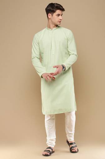 Unleash your style with men's light green cotton chikankari designer kurta set by sanwara