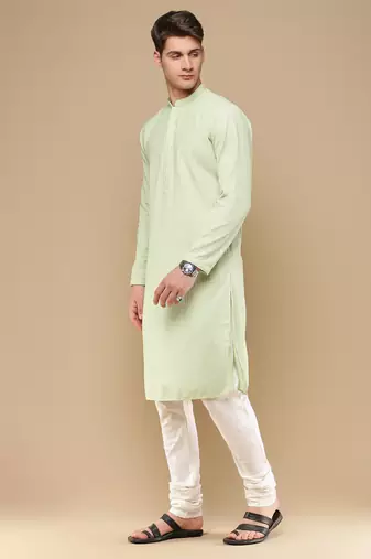 Unleash your style with men's light green cotton chikankari designer kurta set by sanwara