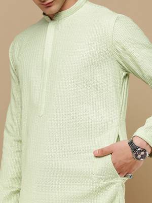 Unleash your style with men's light green cotton chikankari designer kurta set by sanwara 3