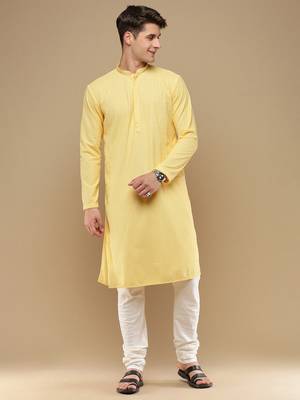 Unleash your style with men's light yellow cotton chikankari designer kurta set by sanwara 1
