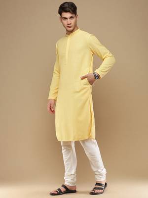 Unleash your style with men's light yellow cotton chikankari designer kurta set by sanwara 2