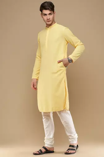 Unleash your style with men's light yellow cotton chikankari designer kurta set by sanwara