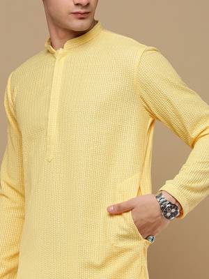 Unleash your style with men's light yellow cotton chikankari designer kurta set by sanwara 3
