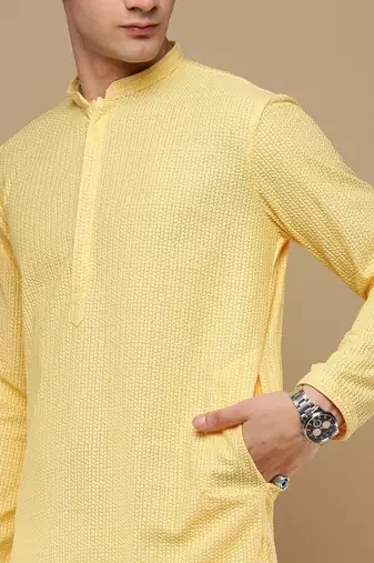 Unleash your style with men's light yellow cotton chikankari designer kurta set by sanwara
