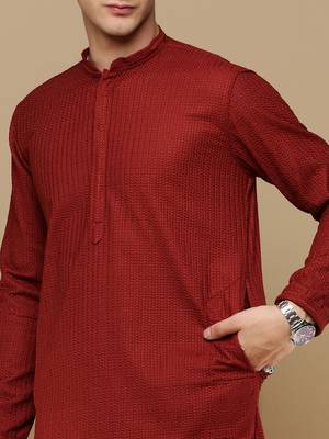 Unleash your style with men's maroon cotton chikankari designer kurta set by sanwara 3