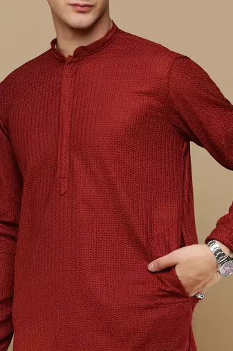 Unleash your style with men's maroon cotton chikankari designer kurta set by sanwara