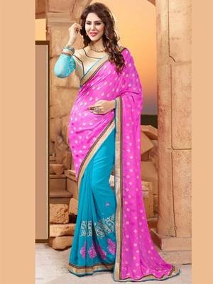 pink and skyblue embroidered georgette saree with blouse 1