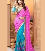 pink and skyblue embroidered georgette saree with blouse