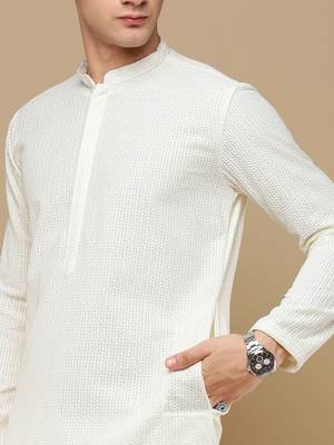 Unleash your style with men's off white cotton chikankari designer kurta set by sanwara 3