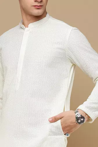 Unleash your style with men's off white cotton chikankari designer kurta set by sanwara