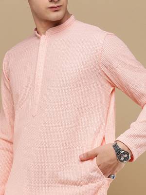 Unleash your style with men's pink cotton chikankari designer kurta set by sanwara 3