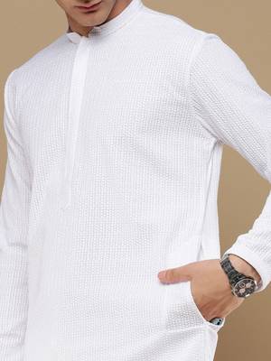 Unleash your style with men's white cotton chikankari designer kurta set by sanwara 3