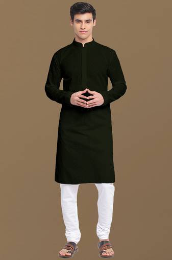 Dapper & dazzling men's solid mehandi green chikankari wear cotton kurta set by sanwara