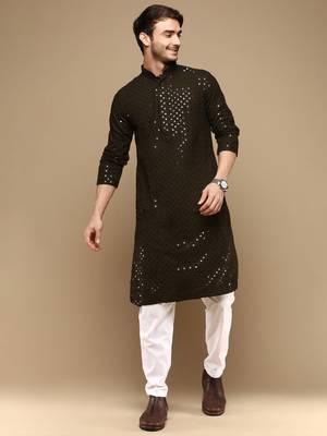 Dapper & dazzling men's solid olive chikankari with sequins party wear cotton kurta set by sanwara 1