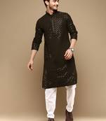 Dapper & dazzling men's solid olive chikankari with sequins party wear cotton kurta set by sanwara