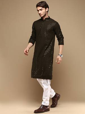 Dapper & dazzling men's solid olive chikankari with sequins party wear cotton kurta set by sanwara 2