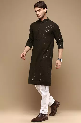 Dapper & dazzling men's solid olive chikankari with sequins party wear cotton kurta set by sanwara