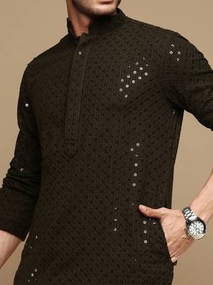 Dapper & dazzling men's solid olive chikankari with sequins party wear cotton kurta set by sanwara 3