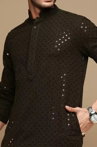 Dapper & dazzling men's solid olive chikankari with sequins party wear cotton kurta set by sanwara