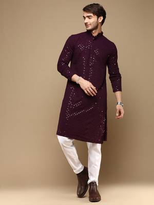 Dapper & dazzling men's solid purple chikankari with sequins party wear cotton kurta set by sanwara 1