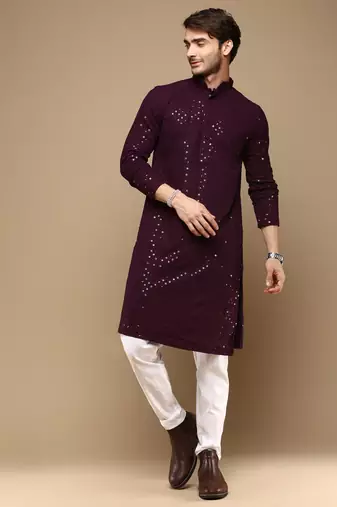Dapper & dazzling men's solid purple chikankari with sequins party wear cotton kurta set by sanwara