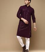 Dapper & dazzling men's solid purple chikankari with sequins party wear cotton kurta set by sanwara