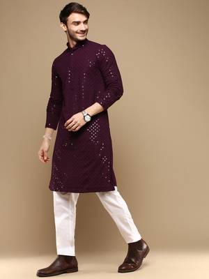 Dapper & dazzling men's solid purple chikankari with sequins party wear cotton kurta set by sanwara 2