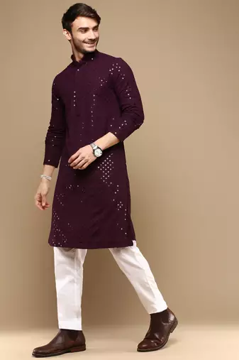 Dapper & dazzling men's solid purple chikankari with sequins party wear cotton kurta set by sanwara