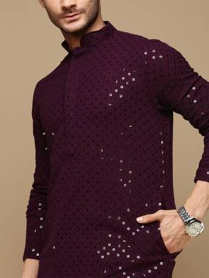 Dapper & dazzling men's solid purple chikankari with sequins party wear cotton kurta set by sanwara 3