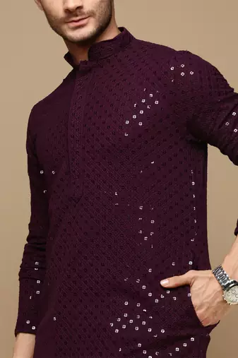 Dapper & dazzling men's solid purple chikankari with sequins party wear cotton kurta set by sanwara