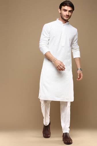 Dapper & dazzling men's solid white chikankari with sequins party wear cotton kurta set by sanwara