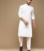 Dapper & dazzling men's solid white chikankari with sequins party wear cotton kurta set by sanwara