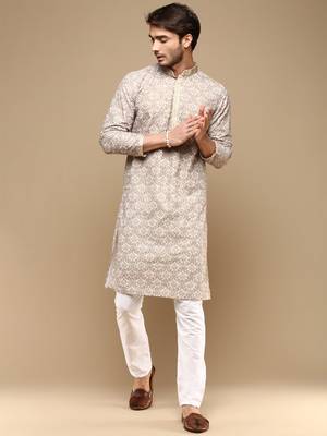 Dapper & dazzling men's solid fawn chikankari with sequins party wear cotton kurta set by sanwara 1