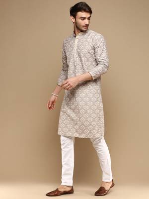 Dapper & dazzling men's solid fawn chikankari with sequins party wear cotton kurta set by sanwara 2