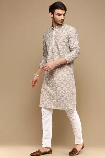 Dapper & dazzling men's solid fawn chikankari with sequins party wear cotton kurta set by sanwara