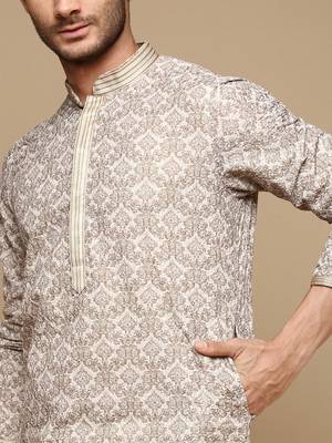 Dapper & dazzling men's solid fawn chikankari with sequins party wear cotton kurta set by sanwara 3