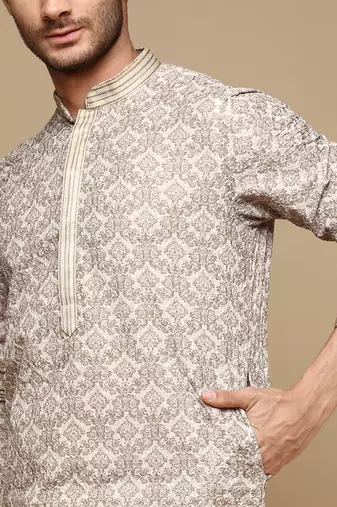 Dapper & dazzling men's solid fawn chikankari with sequins party wear cotton kurta set by sanwara