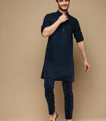 Traditional pathani style denim solid cotton kurta set for men by sanwara