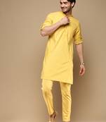 Traditional pathani style mustard solid cotton kurta set for men by sanwara
