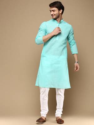 Chic & classic men's solid sea green chikankari designer cotton kurta set by sanwara 1