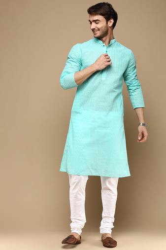 Chic & classic men's solid sea green chikankari designer cotton kurta set by sanwara