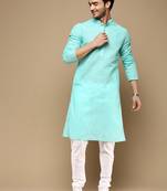 Chic & classic men's solid sea green chikankari designer cotton kurta set by sanwara