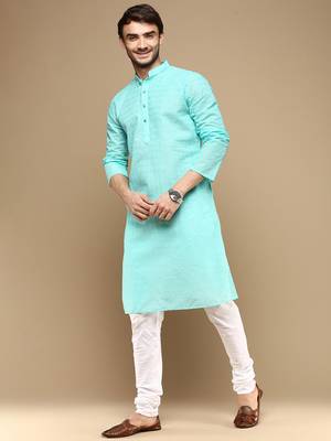 Chic & classic men's solid sea green chikankari designer cotton kurta set by sanwara 2