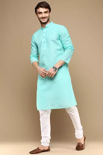 Chic & classic men's solid sea green chikankari designer cotton kurta set by sanwara