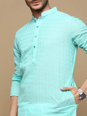 Chic & classic men's solid sea green chikankari designer cotton kurta set by sanwara 3