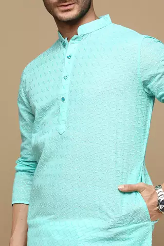 Chic & classic men's solid sea green chikankari designer cotton kurta set by sanwara