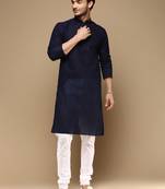 Chic & classic men's solid deep blue chikankari designer cotton kurta set by sanwara