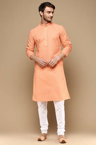 Chic & classic men's solid orange chikankari designer cotton kurta set by sanwara